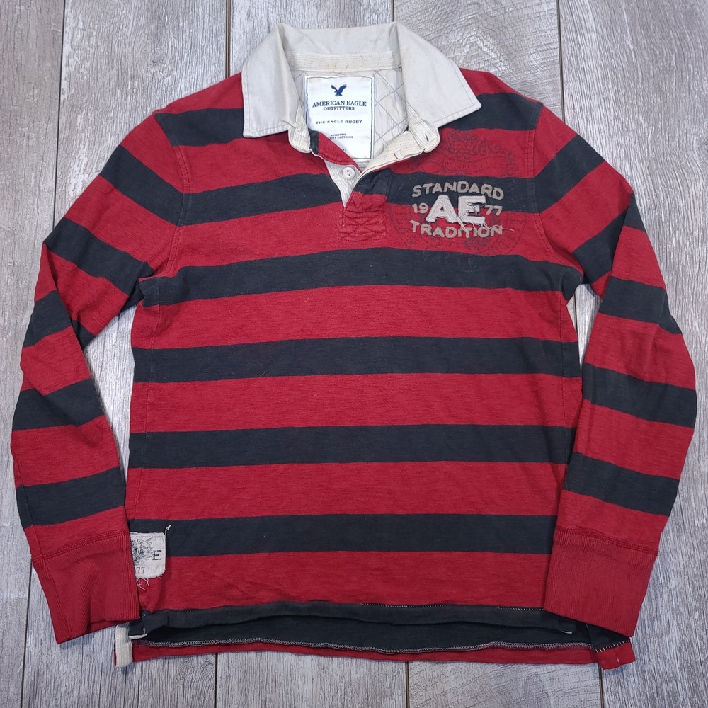 American Eagle Rugby Shirt Mens Medium Red Blue Striped Distressed Long Sleeve